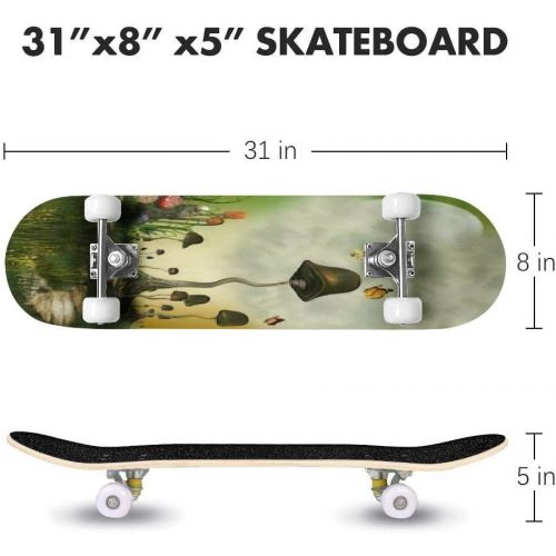  GWFERC Fantasy Landscape with Butterfly and Mushrooms Skateboard 31x8 Double-Warped Skateboards Outdoor Street Sports Skateboard for Beginners Professionals Cool Adult Teen Gifts