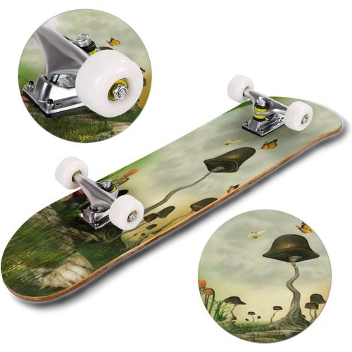  GWFERC Fantasy Landscape with Butterfly and Mushrooms Skateboard 31x8 Double-Warped Skateboards Outdoor Street Sports Skateboard for Beginners Professionals Cool Adult Teen Gifts