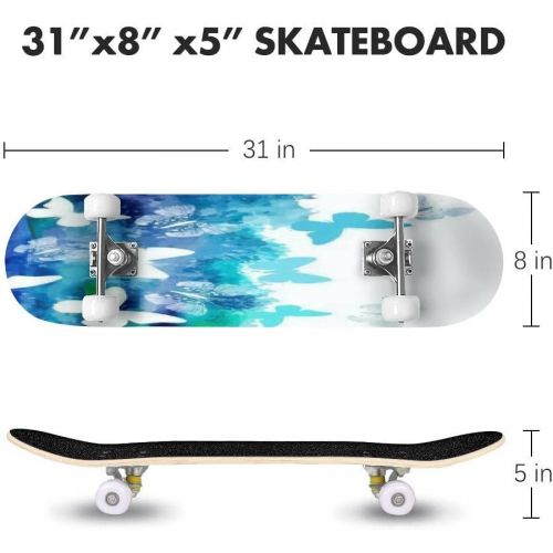  GWFERC Watercolor Blue with Butterflies Skateboard 31x8 Double-Warped Skateboards Outdoor Street Sports Skateboard for Beginners Professionals Cool Adult Teen Gifts