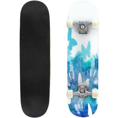  GWFERC Watercolor Blue with Butterflies Skateboard 31x8 Double-Warped Skateboards Outdoor Street Sports Skateboard for Beginners Professionals Cool Adult Teen Gifts