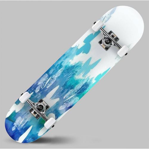  GWFERC Watercolor Blue with Butterflies Skateboard 31x8 Double-Warped Skateboards Outdoor Street Sports Skateboard for Beginners Professionals Cool Adult Teen Gifts