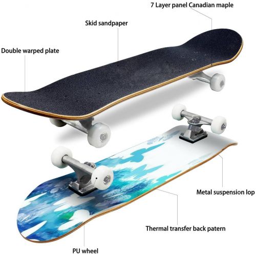  GWFERC Watercolor Blue with Butterflies Skateboard 31x8 Double-Warped Skateboards Outdoor Street Sports Skateboard for Beginners Professionals Cool Adult Teen Gifts