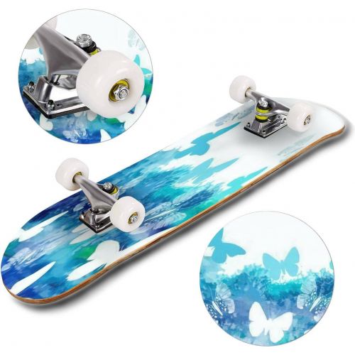  GWFERC Watercolor Blue with Butterflies Skateboard 31x8 Double-Warped Skateboards Outdoor Street Sports Skateboard for Beginners Professionals Cool Adult Teen Gifts