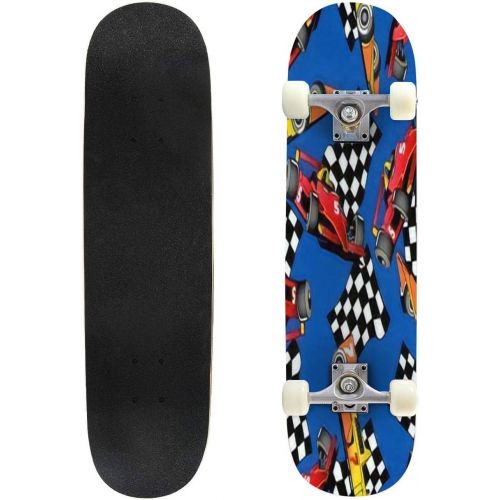  GWFERC Seamless of Some Racing Cars on a Blue Skateboard 31x8 Double-Warped Skateboards Outdoor Street Sports Skateboard for Beginners Professionals Cool Adult Teen Gifts