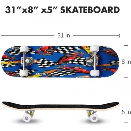  GWFERC Seamless of Some Racing Cars on a Blue Skateboard 31x8 Double-Warped Skateboards Outdoor Street Sports Skateboard for Beginners Professionals Cool Adult Teen Gifts