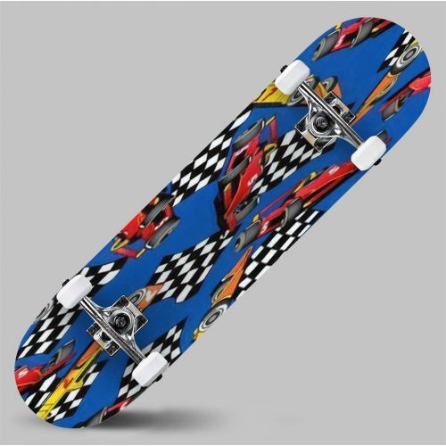  GWFERC Seamless of Some Racing Cars on a Blue Skateboard 31x8 Double-Warped Skateboards Outdoor Street Sports Skateboard for Beginners Professionals Cool Adult Teen Gifts