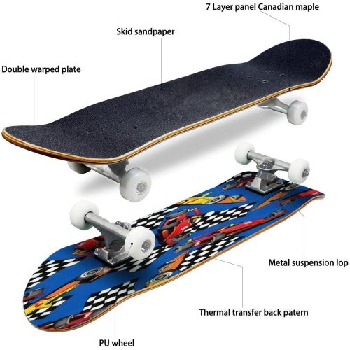  GWFERC Seamless of Some Racing Cars on a Blue Skateboard 31x8 Double-Warped Skateboards Outdoor Street Sports Skateboard for Beginners Professionals Cool Adult Teen Gifts