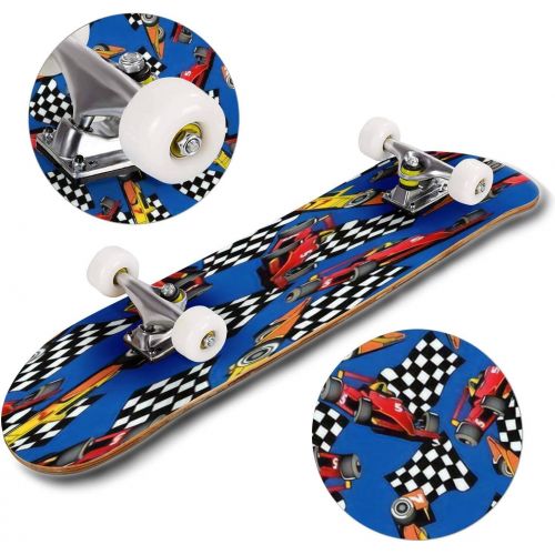  GWFERC Seamless of Some Racing Cars on a Blue Skateboard 31x8 Double-Warped Skateboards Outdoor Street Sports Skateboard for Beginners Professionals Cool Adult Teen Gifts