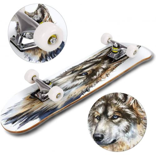  GWFERC Howling Wolf Sign Vector Illustration Skateboard 31x8 Double-Warped Skateboards Outdoor Street Sports Skateboard for Beginners Professionals Cool Adult Teen Gifts