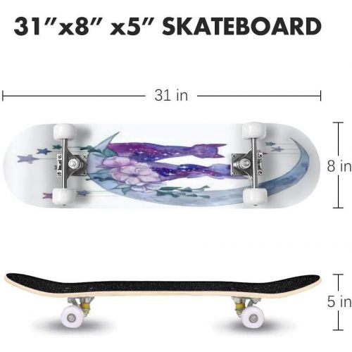  GWFERC Watercolor Space Cats on The Moon with Flowers Skateboard 31x8 Double-Warped Skateboards Outdoor Street Sports Skateboard for Beginners Professionals Cool Adult Teen Gifts