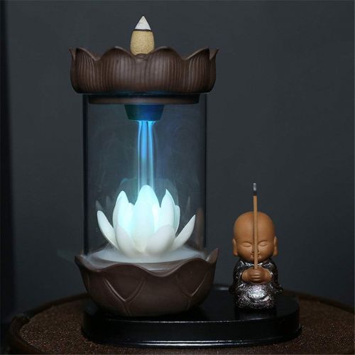  인센스스틱 GXSMG Color Changing LED Light Windproof Waterfall Incense Burner Zen Peaceful Monk Lotus Incense Stick Holder Lucky Home Decoration