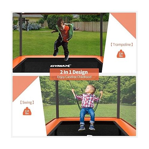  GYMAX 6FT Kids Trampoline with Swing, ASTM Approved Rectangle Recreational Trampoline with Enclosure Safety Net, Indoor/Outdoor Baby Toddler Play Combo Bounce, Birthday for Boy & Girl