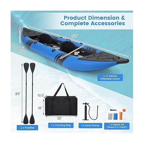  GYMAX Inflatable Kayak, 12.5Ft 507lbs Tandem Kayak with 2 Aluminum Paddles, 2 Padded Seats, Footrests, 2 Fins, Hand Pump, Carry Bag & Repair Kit, 2 Person Fishing Touring Kayak for Adults Youth