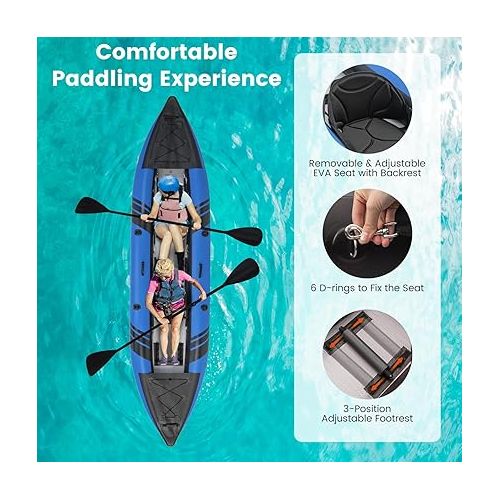  GYMAX Inflatable Kayak, 12.5Ft 507lbs Tandem Kayak with 2 Aluminum Paddles, 2 Padded Seats, Footrests, 2 Fins, Hand Pump, Carry Bag & Repair Kit, 2 Person Fishing Touring Kayak for Adults Youth
