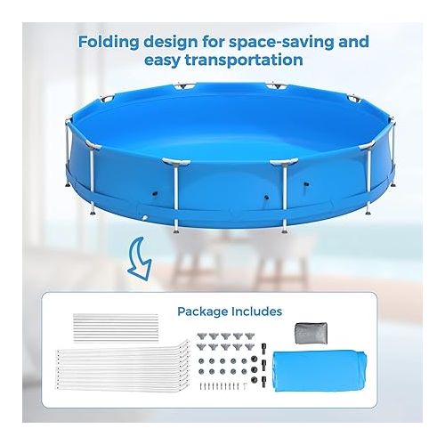  GYMAX 12ft x 31.5inch Above Ground Pool, Steel Frame Swimming Pool with Pool Cover, Tear-Resistance Durable Outdoor Pool for Backyard, Patio (Blue)