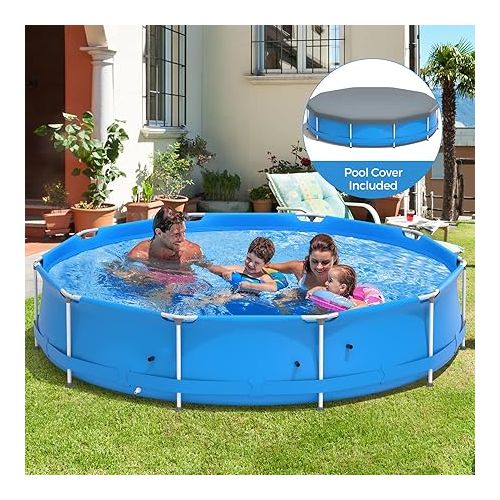  GYMAX 12ft x 31.5inch Above Ground Pool, Steel Frame Swimming Pool with Pool Cover, Tear-Resistance Durable Outdoor Pool for Backyard, Patio (Blue)