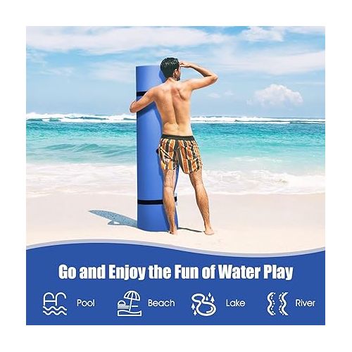  GYMAX Floating Water Mat, 12' x 6' Foam Water Floating Pad with Safe Bungee Tether and Storage Straps, 3-Layer XPE Foam Floating Island for Pool Lake River Outdoor Water Activities
