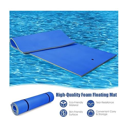  GYMAX Floating Water Mat, 12' x 6' Foam Water Floating Pad with Safe Bungee Tether and Storage Straps, 3-Layer XPE Foam Floating Island for Pool Lake River Outdoor Water Activities