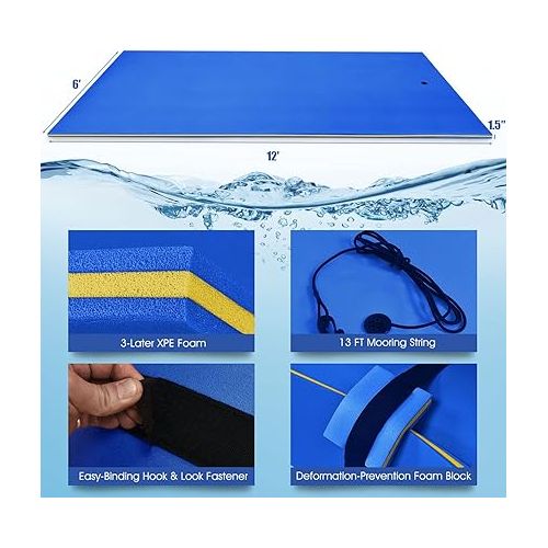  GYMAX Floating Water Mat, 12' x 6' Foam Water Floating Pad with Safe Bungee Tether and Storage Straps, 3-Layer XPE Foam Floating Island for Pool Lake River Outdoor Water Activities