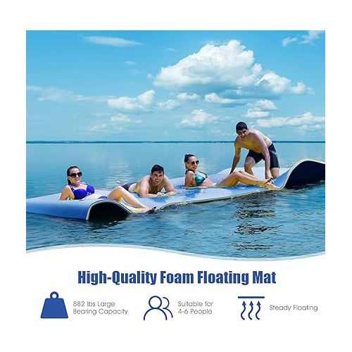  GYMAX Floating Water Mat, 12' x 6' Foam Water Floating Pad with Safe Bungee Tether and Storage Straps, 3-Layer XPE Foam Floating Island for Pool Lake River Outdoor Water Activities