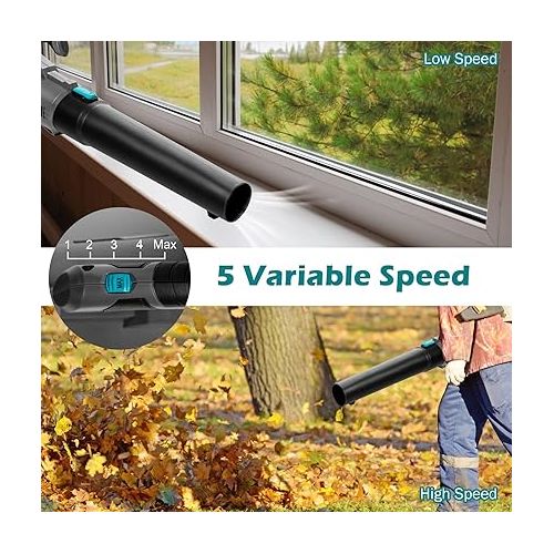  GYMAX Cordless Leaf Blower, 5 Speed Level 20V Max with Battery & Charger, Handheld Electric Portable Lightweight Leaf Blower for Lawn, Garden, Leaves, Snow Debris (Grey)