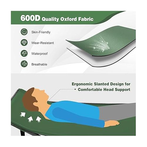  GYMAX Camping Cot, 600 LBS Heavy Duty Sleeping Cot w/Ergonomic Incline Design, 3-in-1 Pocket, Carry Bag, Folding Cot for Adults & Kids, Indoor Outdoor Cot Bed for Camp Travel Home Office Nap (Green)