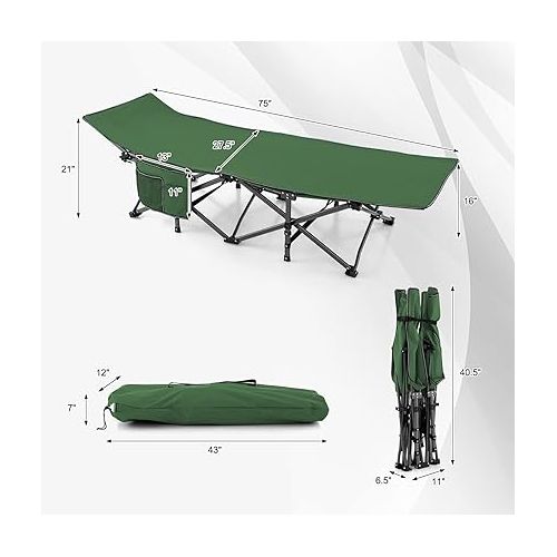  GYMAX Camping Cot, 600 LBS Heavy Duty Sleeping Cot w/Ergonomic Incline Design, 3-in-1 Pocket, Carry Bag, Folding Cot for Adults & Kids, Indoor Outdoor Cot Bed for Camp Travel Home Office Nap (Green)