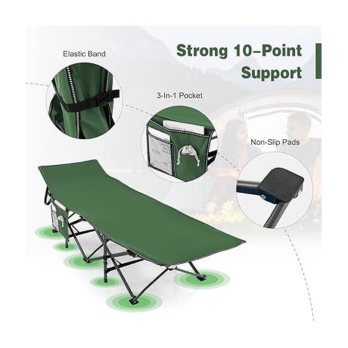  GYMAX Camping Cot, 600 LBS Heavy Duty Sleeping Cot w/Ergonomic Incline Design, 3-in-1 Pocket, Carry Bag, Folding Cot for Adults & Kids, Indoor Outdoor Cot Bed for Camp Travel Home Office Nap (Green)