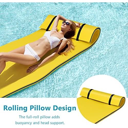  GYMAX Floating Water Mat, Thick Swimming Floating Foam Pad Hammock with Rolling Pillow Design, Portable 3-Layer Water Raft Mattress for Water Activities Swimming Pool, Lake, Sea