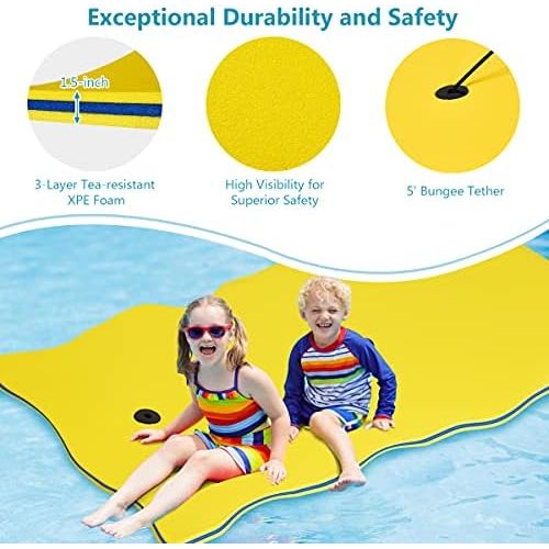  GYMAX Floating Water Mat, Thick Swimming Floating Foam Pad Hammock with Rolling Pillow Design, Portable 3-Layer Water Raft Mattress for Water Activities Swimming Pool, Lake, Sea