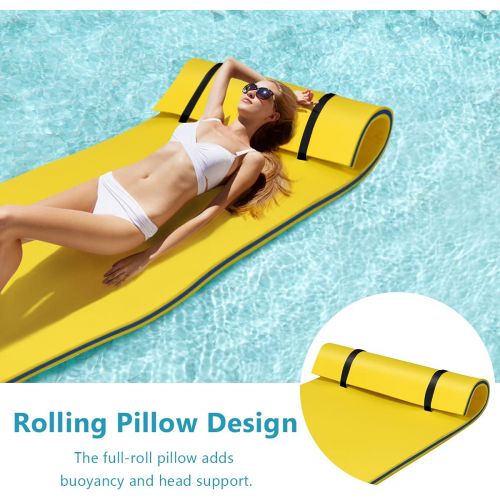  GYMAX Floating Water Mat, Thick Swimming Floating Foam Pad Hammock with Rolling Pillow Design, Portable 3-Layer Water Raft Mattress for Water Activities Swimming Pool, Lake, Sea