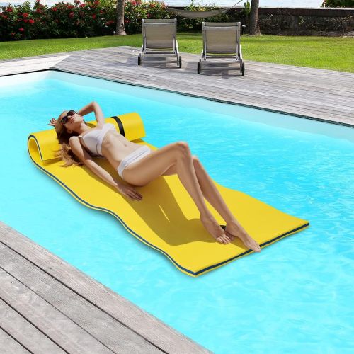  GYMAX Floating Water Mat, Thick Swimming Floating Foam Pad Hammock with Rolling Pillow Design, Portable 3-Layer Water Raft Mattress for Water Activities Swimming Pool, Lake, Sea