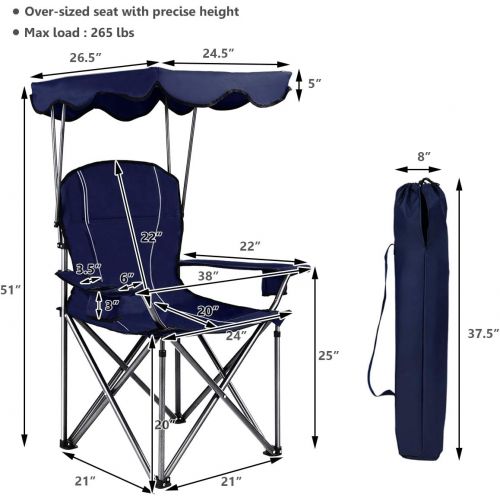  GYMAX Canopy Chair, Portable Folding Beach Chair Picnic Chair with Canopy Two Cup Holders and Carry Bag, for Outdoor Beach Camp Park Patio