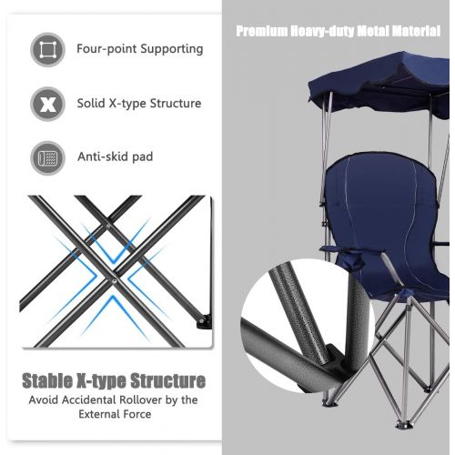  GYMAX Canopy Chair, Portable Folding Beach Chair Picnic Chair with Canopy Two Cup Holders and Carry Bag, for Outdoor Beach Camp Park Patio