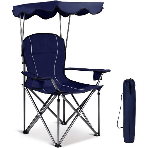  GYMAX Canopy Chair, Portable Folding Beach Chair Picnic Chair with Canopy Two Cup Holders and Carry Bag, for Outdoor Beach Camp Park Patio