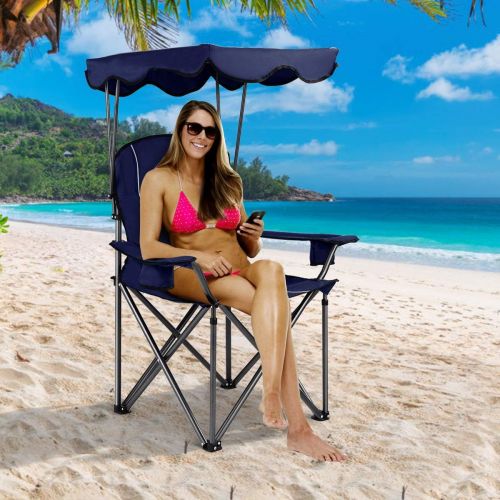  GYMAX Canopy Chair, Portable Folding Beach Chair Picnic Chair with Canopy Two Cup Holders and Carry Bag, for Outdoor Beach Camp Park Patio