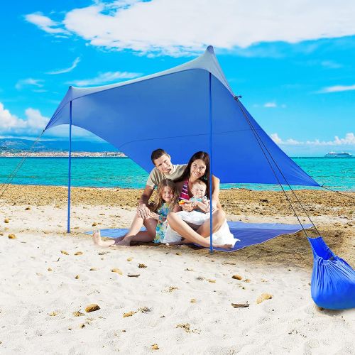  GYMAX Family Beach Tent, UPF50+ Portable Sunshade Shelter with Ground Pegs, Aluminum Poles & Carry Bag, Pop Up Canopy for Beach Picnic Camping Outdoor Activities (Blue, 10)