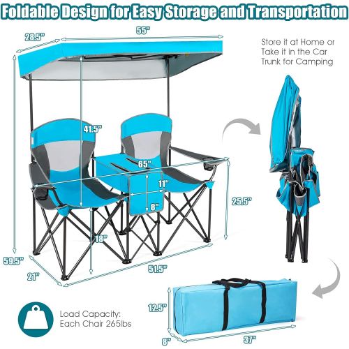  GYMAX Folding Canopy Camp Chair, Sports Chair with Adjustable UV Protection Shade, Cup Holder & Carry Bag, Portable Beach Camping Chair for Picnic, Fishing, Hiking (Blue, 2-Person)