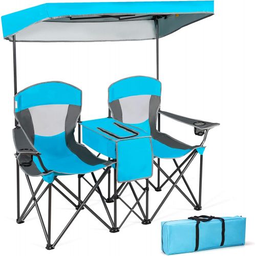  GYMAX Folding Canopy Camp Chair, Sports Chair with Adjustable UV Protection Shade, Cup Holder & Carry Bag, Portable Beach Camping Chair for Picnic, Fishing, Hiking (Blue, 2-Person)