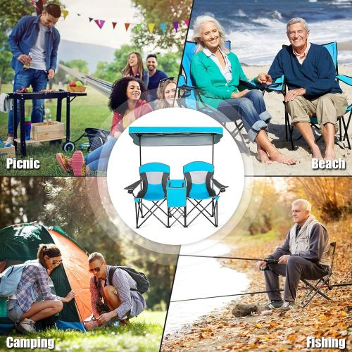  GYMAX Folding Canopy Camp Chair, Sports Chair with Adjustable UV Protection Shade, Cup Holder & Carry Bag, Portable Beach Camping Chair for Picnic, Fishing, Hiking (Blue, 2-Person)