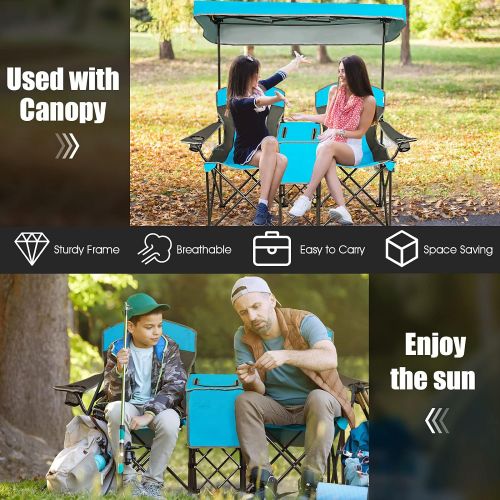  GYMAX Folding Canopy Camp Chair, Sports Chair with Adjustable UV Protection Shade, Cup Holder & Carry Bag, Portable Beach Camping Chair for Picnic, Fishing, Hiking (Blue, 2-Person)