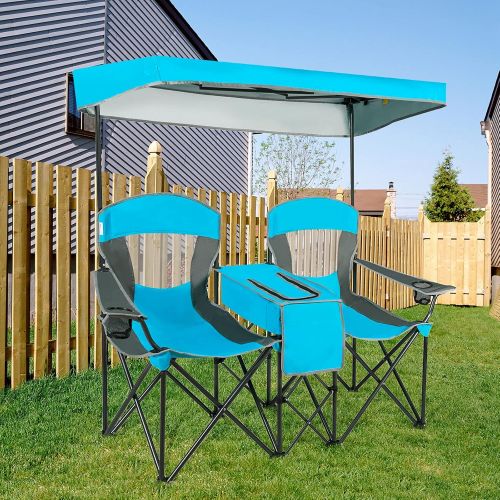  GYMAX Folding Canopy Camp Chair, Sports Chair with Adjustable UV Protection Shade, Cup Holder & Carry Bag, Portable Beach Camping Chair for Picnic, Fishing, Hiking (Blue, 2-Person)
