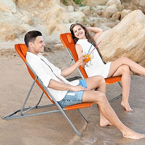  GYMAX Folding Beach Chair Set of 2, 3 Position Adjustable Camping Chair with Headrest & Non Slip Foot Pad, Portable Lightweight Patio Poolside Chair for Indoor/Outdoor (2, Orange)