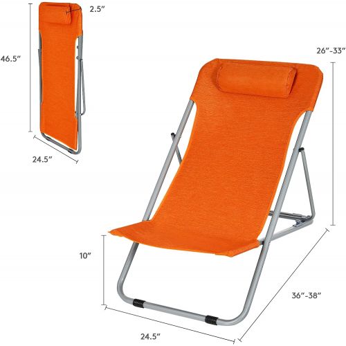  GYMAX Folding Beach Chair Set of 2, 3 Position Adjustable Camping Chair with Headrest & Non Slip Foot Pad, Portable Lightweight Patio Poolside Chair for Indoor/Outdoor (2, Orange)