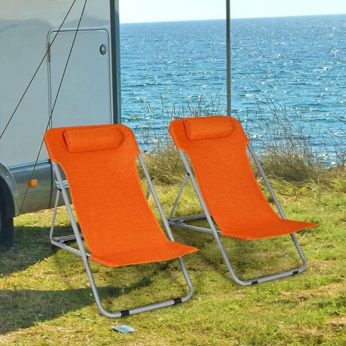  GYMAX Folding Beach Chair Set of 2, 3 Position Adjustable Camping Chair with Headrest & Non Slip Foot Pad, Portable Lightweight Patio Poolside Chair for Indoor/Outdoor (2, Orange)