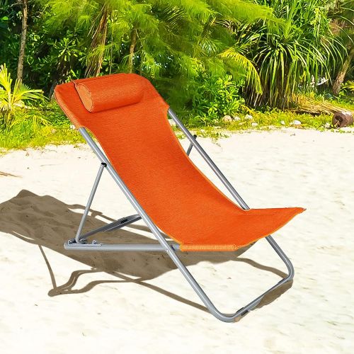  GYMAX Folding Beach Chair Set of 2, 3 Position Adjustable Camping Chair with Headrest & Non Slip Foot Pad, Portable Lightweight Patio Poolside Chair for Indoor/Outdoor (2, Orange)