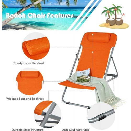  GYMAX Folding Beach Chair Set of 2, 3 Position Adjustable Camping Chair with Headrest & Non Slip Foot Pad, Portable Lightweight Patio Poolside Chair for Indoor/Outdoor (2, Orange)