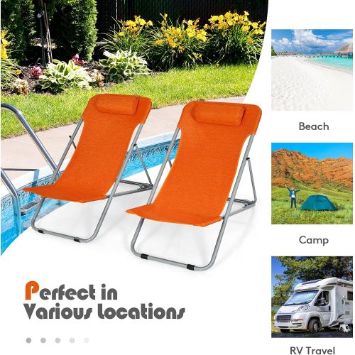  GYMAX Folding Beach Chair Set of 2, 3 Position Adjustable Camping Chair with Headrest & Non Slip Foot Pad, Portable Lightweight Patio Poolside Chair for Indoor/Outdoor (2, Orange)