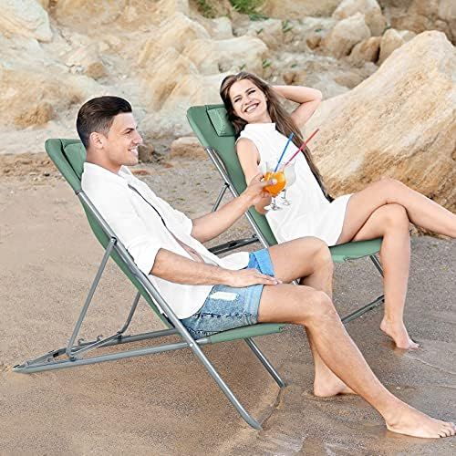  GYMAX Folding Beach Chair Set of 2, 3-Position Adjustable Camping Chair with Headrest & Non-Slip Foot Pad, Portable Lightweight Patio Poolside Chair for Indoor/Outdoor (2, Green)