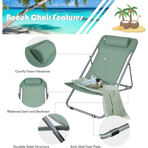  GYMAX Folding Beach Chair Set of 2, 3-Position Adjustable Camping Chair with Headrest & Non-Slip Foot Pad, Portable Lightweight Patio Poolside Chair for Indoor/Outdoor (2, Green)